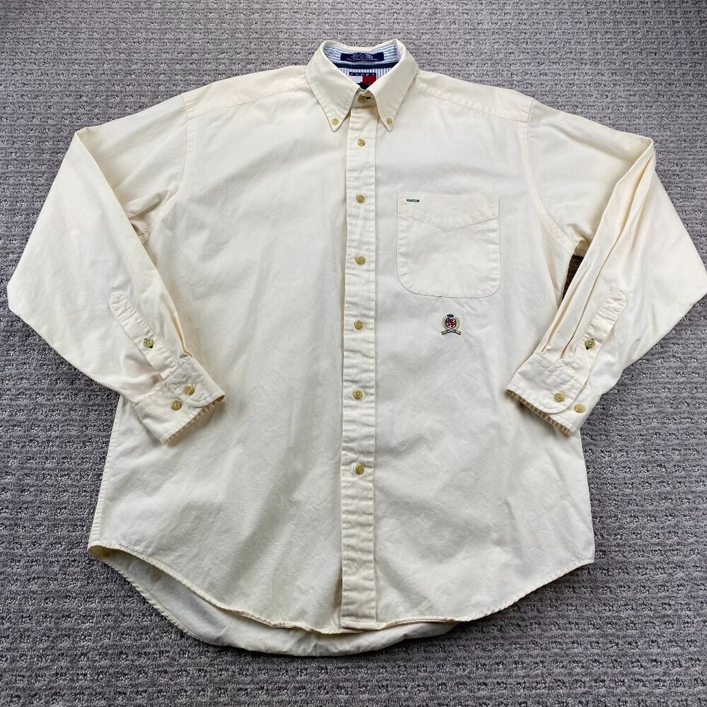 Vintage Tommy Hilfiger Shirt Men Small S Yellow Box Logo Embroidered 90s Preppy